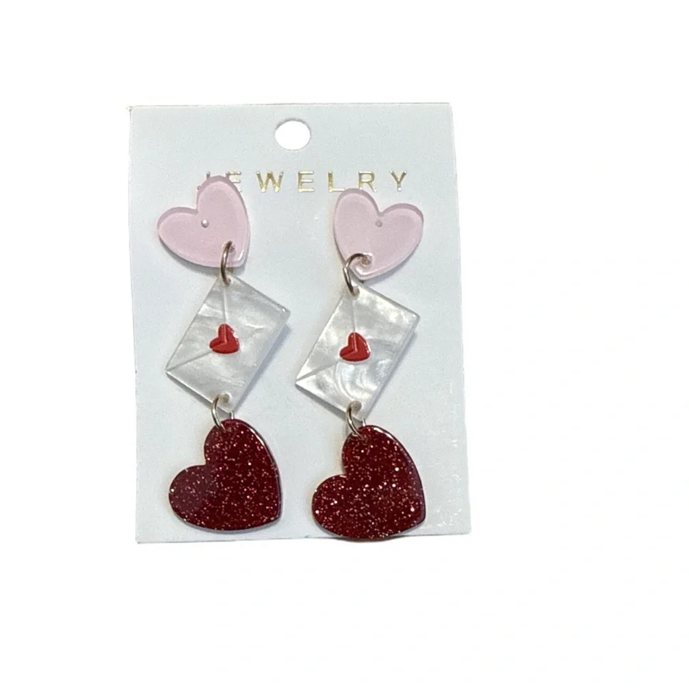 Heart Drop Earrings with Red and Pink Accents